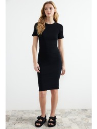 trendyol black fitted short sleeve ribbed stretch knitted midi dress