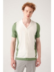avva men`s aqua green cuban collar color blocked standard fit regular cut buttoned knitwear t-shirt