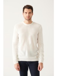 avva men`s white crew neck herringbone patterned standard fit regular cut knitwear sweater