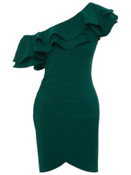 trendyol emerald green single sleeve frilly elegant evening dress