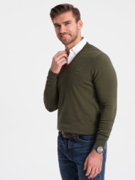 ombre men`s sweater with v-neck with shirt collar - dark olive