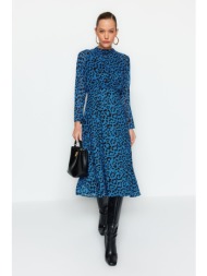 trendyol blue midi λεοπάρδαλη μοτίβο υφαντό υφαντό φόρεμα