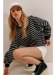 trend alaçatı stili women`s black and white crew neck striped two thread oversize sweatshirt