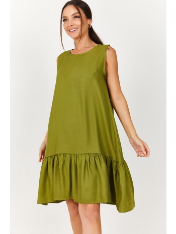 armonika γυναικεία λαδοπράσινη αμάνικο φούστα με βολάν σε προσφορά