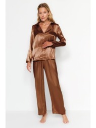 trendyol brown satin shirt-pants woven pajamas set