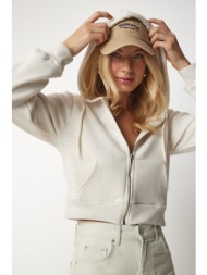 happiness i̇stanbul women`s beige hooded zipper crop sweatshirt