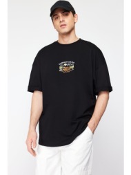 trendyol men`s black oversize/wide cut short sleeve landscape embroidered 100% cotton t-shirt