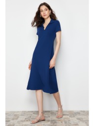 trendyol navy blue polo neck skater/waist opened cotton stretchy knitted midi dress