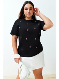 trendyol curve black embroidery detailed boyfriend knitted t-shirt