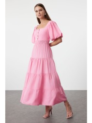 trendyol pink square neck maxi woven dress with opening waist and back detail