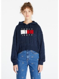 tommy jeans center flag cable hoodie blue