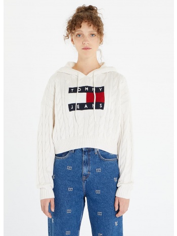tommy jeans center flag cable hoodie white σε προσφορά