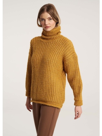 πουλόβερ με μίξη από μαλλί και γυριστό γιακά - μουσταρδί