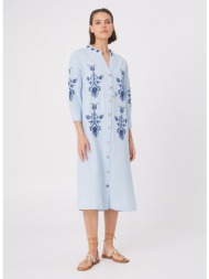 σεμιζιέ κεντημένο φόρεμα με κουμπιά σε αντίθεση - γαλάζιο