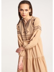 boho φόρεμα με βολάν και κέντημα σε αντίθεση - camel