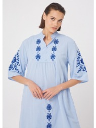 φόρεμα με κεντήματα και φαρδύ μανίκι - γαλάζιο