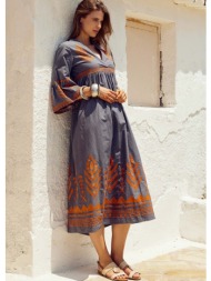 φόρεμα με ethnic κεντητό μοτίβο - γκρι