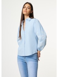 πουκάμισο με κέντημα και φαρδύ μανίκι - γαλάζιο