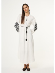 φόρεμα μακρύ με κεντημένο μοτίβο και ζώνη - λευκό