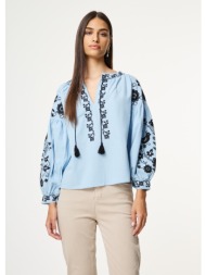 μπλούζα boho με κεντημένα σχέδια και φουντάκια - γαλάζιο