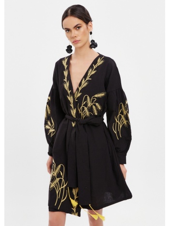 φόρεμα τουνίκ με κέντημα και ζώνη - μαύρο σε προσφορά