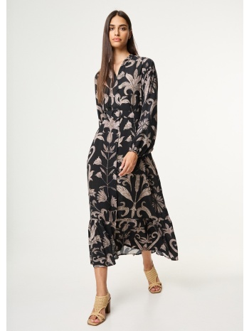 φόρεμα μακρύ με floral μοτίβο και ζώνη - μαύρο