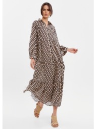 βαμβακερό φόρεμα σεμιζιέ με γεωμετρικό μοτίβο - camel