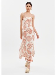 φόρεμα μακρύ με διακοσμητικές λεπτομέρειες και μοτίβο - κεραμιδί