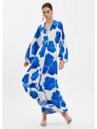 σεμιζιέ μακρύ φόρεμα με μοτίβο και ζώνη - μπλε