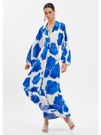 σεμιζιέ μακρύ φόρεμα με μοτίβο και ζώνη - μπλε σε προσφορά