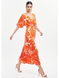 φόρεμα ρομπέ με πολύχρωμο μοτίβο - κοραλί