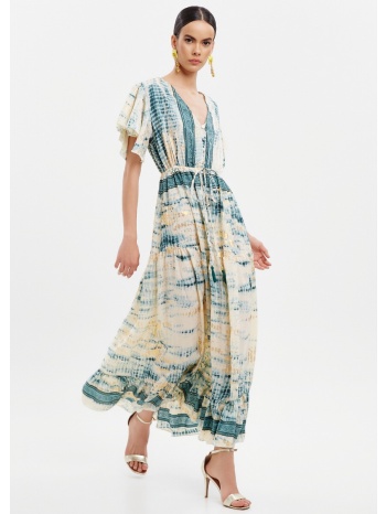 φόρεμα με τύπωμα tie dye και μεταλλιζέ λεπτομέρειες - πετρόλ