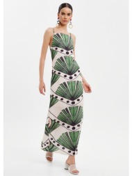 φόρεμα μακρύ με τιράντες και εμπριμέ μοτίβο - πράσινο