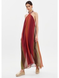 φόρεμα μακρύ με halter λαιμό και διακοσμητικές λεπτομέρειες - κεραμιδί