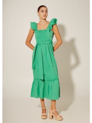 φόρεμα βαμβακερό με βολάν στους ώμους - πράσινο