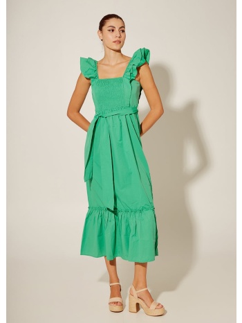 φόρεμα βαμβακερό με βολάν στους ώμους - πράσινο σε προσφορά