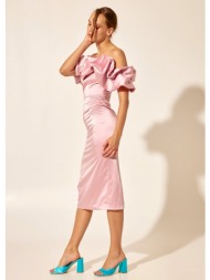 φόρεμα με έντονο βολάν και σατινέ υφή - ροζ