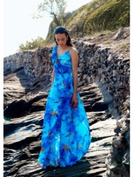 μακρύ φόρεμα τύπου lingerie με βολάν - μπλε