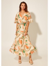 φόρεμα μακρύ κρουαζέ με εμπριμέ μοτίβο - πορτοκαλί