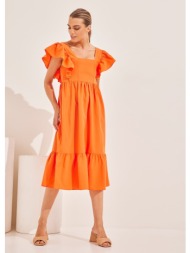 φόρεμα με τετράγωνη λαιμόκοψη και βολάν - πορτοκαλί