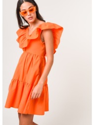 φόρεμα κοντό με βολάν στην λαιμόκοψη - πορτοκαλί