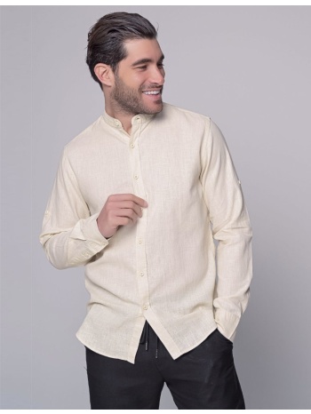 ben tailor ανδρικό μπεζ λινό πουκάμισο με μάο γιακά 0967