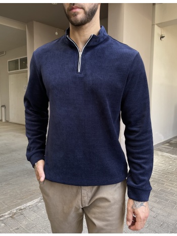 ανδρικό μπλε πουλόβερ μονόχρωμο με γιακά και φερμουάρ 4477n