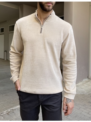 ανδρικό μπεζ πουλόβερ μονόχρωμο με γιακά και φερμουάρ 4477b