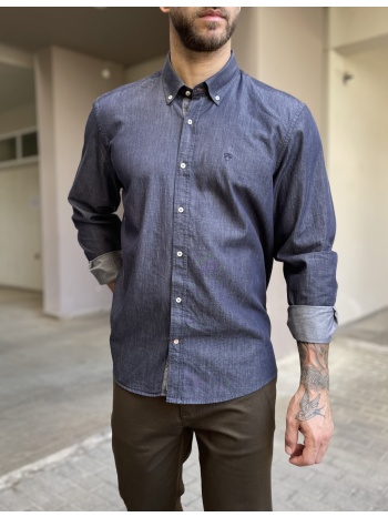 ανδρικό μπλε με όψη denim βαμβακερό πουκάμισο με γιακά 2077b