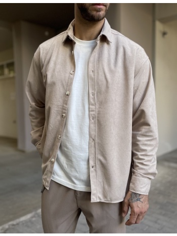 ανδρικό μπεζ κοτλέ overshirt με γιακά rmz470b