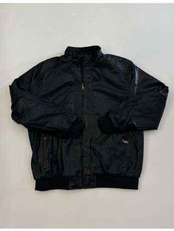 ανδρικό μαύρο bomber μπουφάν από δερματίνη με ραφές plus