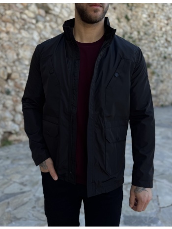 ανδρικό μαύρο ελαφρύ μπουφάν με γιακά και ίσιο τελειώμα