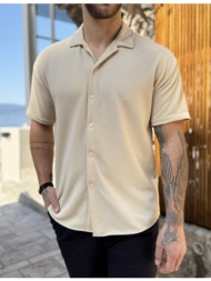 ανδρικό γκοφρέ μπεζ oversized κοντομάνικο πουκάμισο rmz19138b