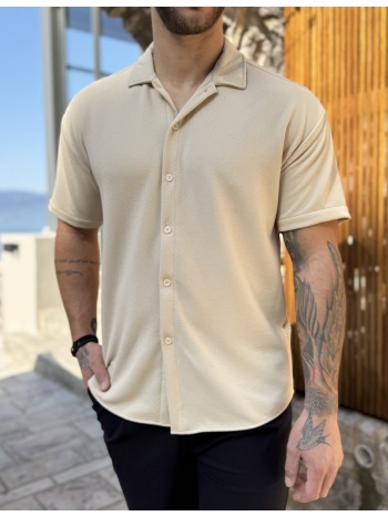 ανδρικό γκοφρέ μπεζ oversized κοντομάνικο πουκάμισο